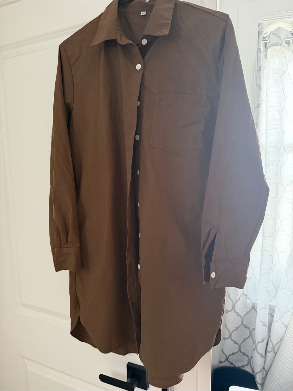 Men's Long Button-Up Shirt Jacket in Brown